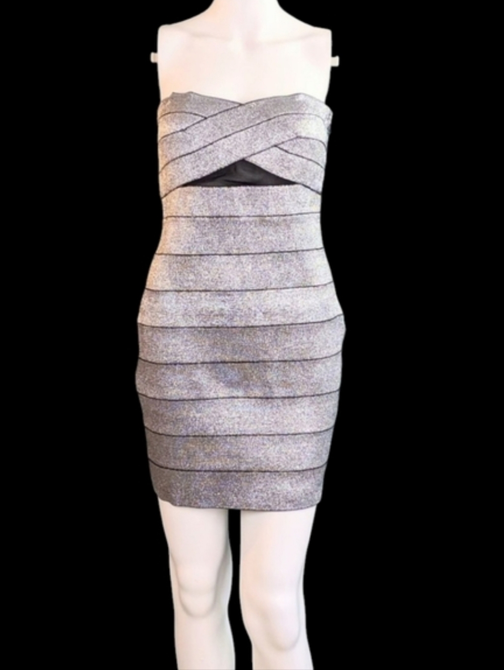 Wow Couture Silver Strapless Bandage Dress With Mesh Cutouts